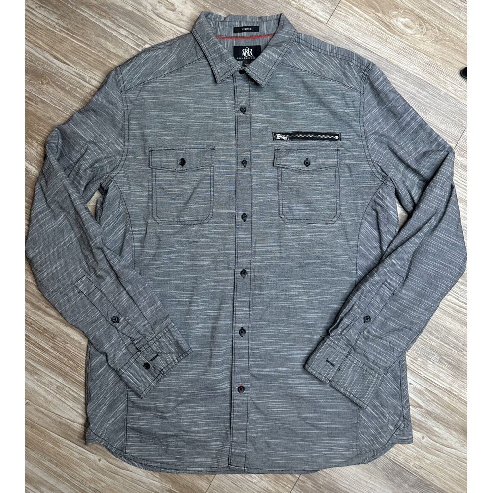Rock & Republic Stretch Mens Large Long Sleeve Roll Tab Gray Grunge Skater